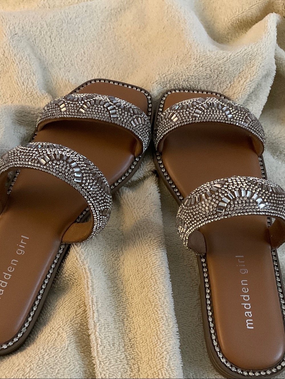 Madden Girl Brown Slides with Silver Beaded Straps
